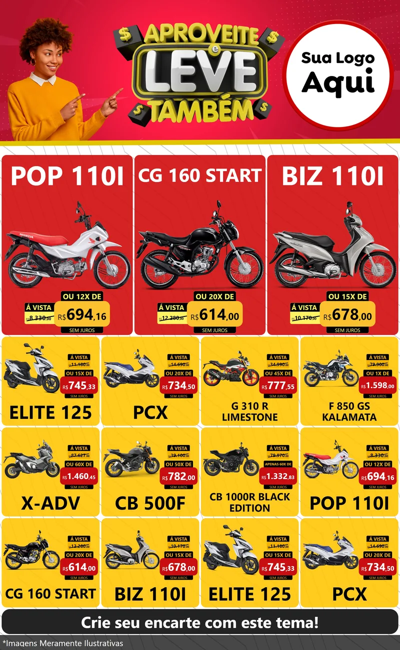 Modelo de Encarte para Encarte Grande com o tema Aproveite e Leve Também para Concessionaria de Motos