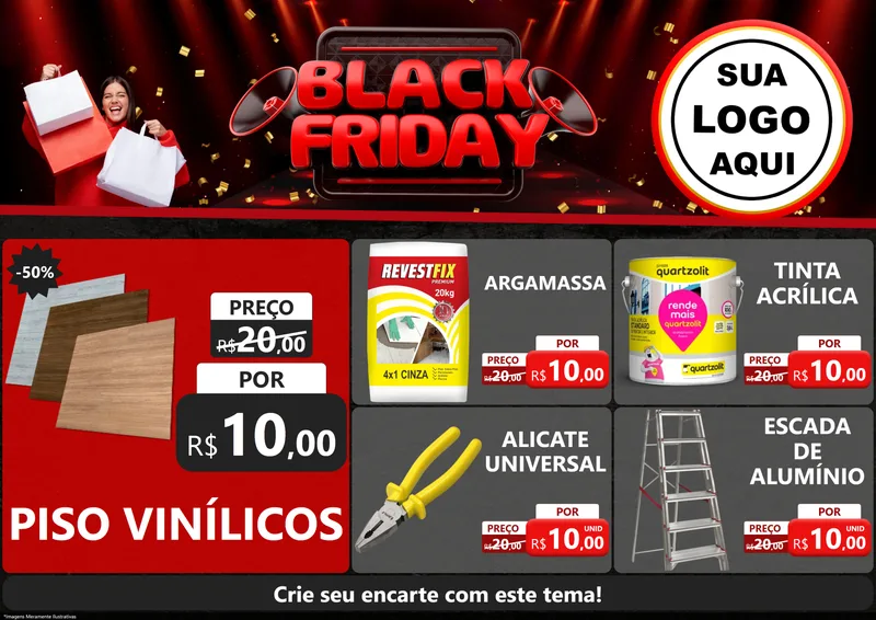 Modelo de Encarte para Encarte A4 Horizontal com o tema Black Friday para Material para Construção