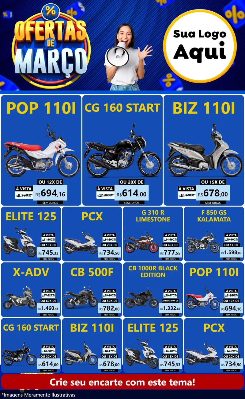 Modelo de Encarte para Encarte Grande com o tema Ofertas de Março para Concessionaria de Motos