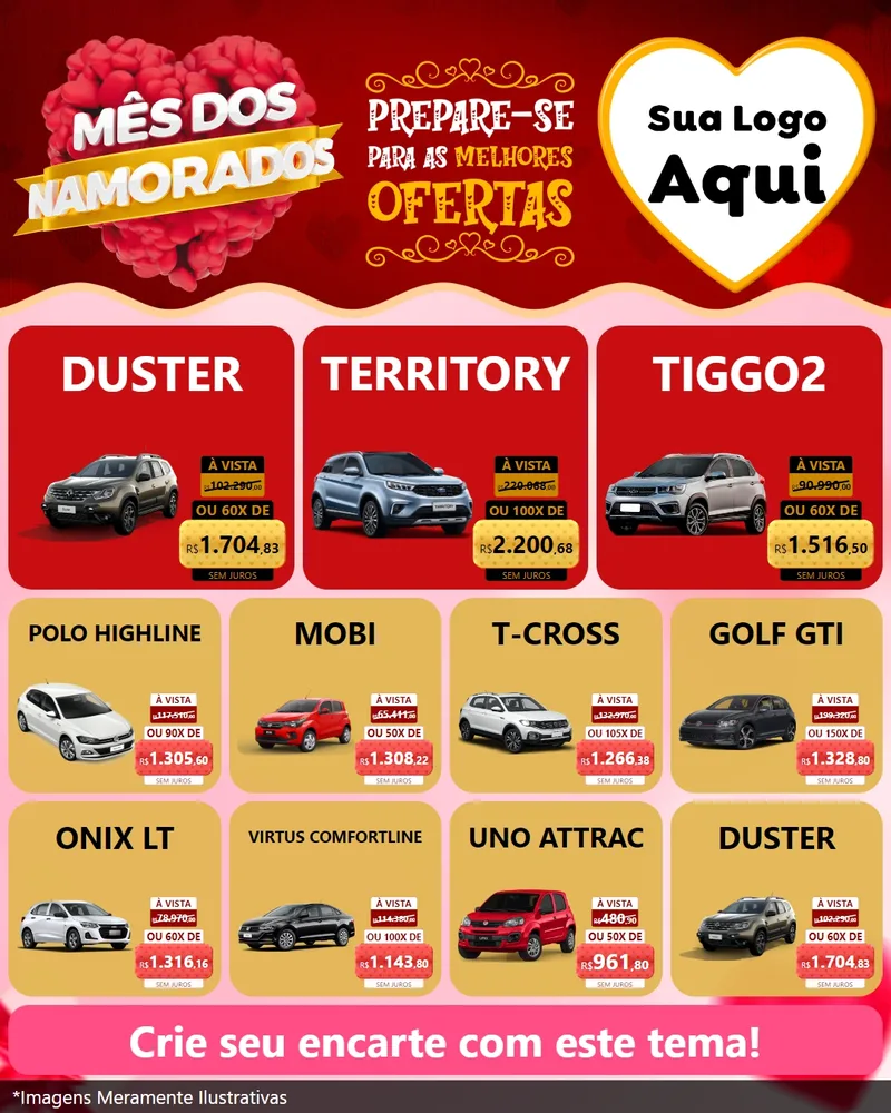 Modelo de Rede Social para Feed Instagram com o tema Mês dos Namorados para Concessionaria de Carros