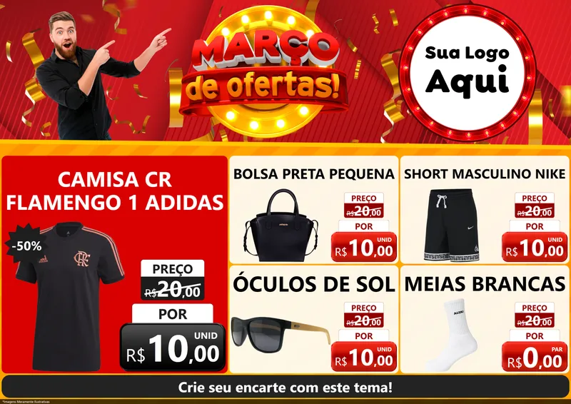 Modelo de Encarte para Encarte A4 Horizontal com o tema Março de Ofertas! para Roupas e acessórios