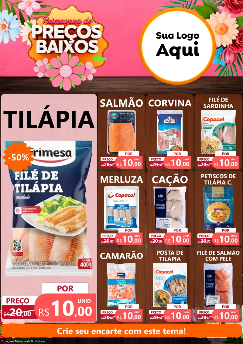 Modelo de Encarte para Encarte A4 Vertical com o tema Primavera de Preços Baixos para Peixaria