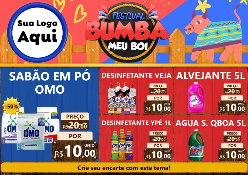 Modelo de Encarte para Encarte A4 Horizontal com o tema Festival Bumba Meu Boi para Produtos de Limpeza