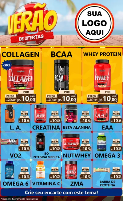 Modelo de Encarte para Encarte Grande com o tema Verão de Ofertas para Suplementos alimentares
