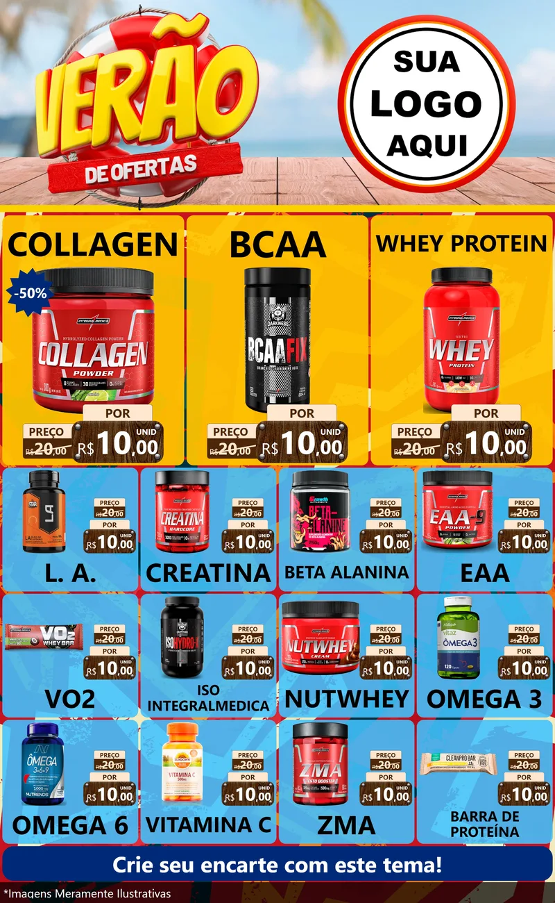 Modelo de Encarte para Encarte Grande com o tema Verão de Ofertas para Suplementos alimentares