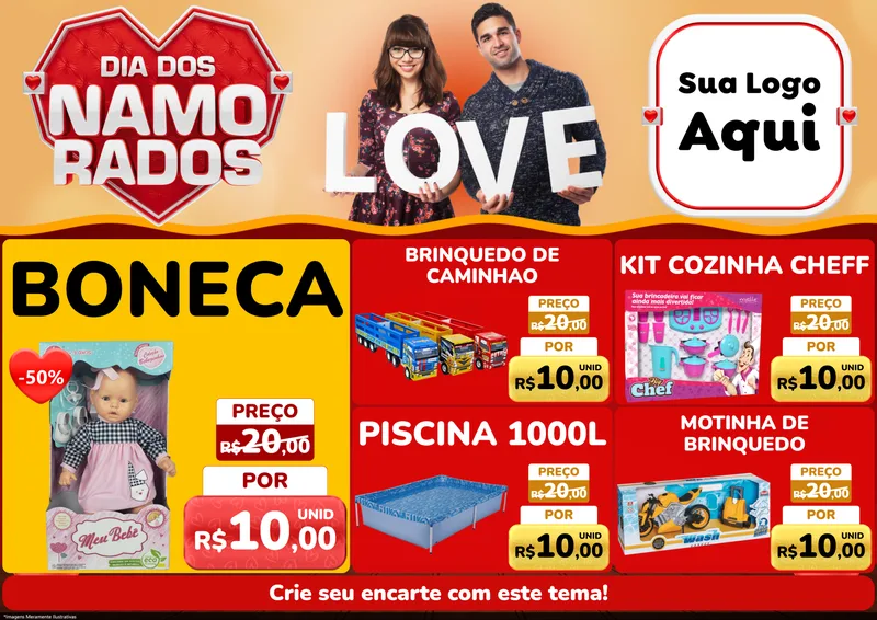 Modelo de Encarte para Encarte A4 Horizontal com o tema Dia dos Namorados para Brinquedos