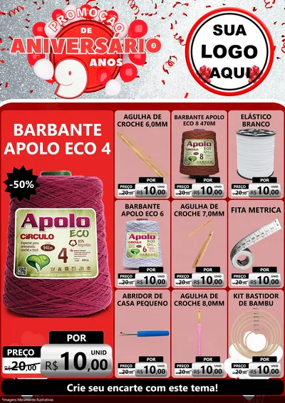 Modelo de Encarte para Encarte A4 Vertical com o tema Promoção de Aniversário - 9 Anos para Armarinho e Aviamentos