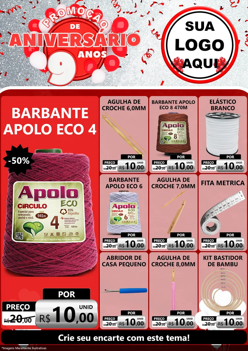 Modelo de Encarte para Encarte A4 Vertical com o tema Promoção de Aniversário - 9 Anos para Armarinho e Aviamentos