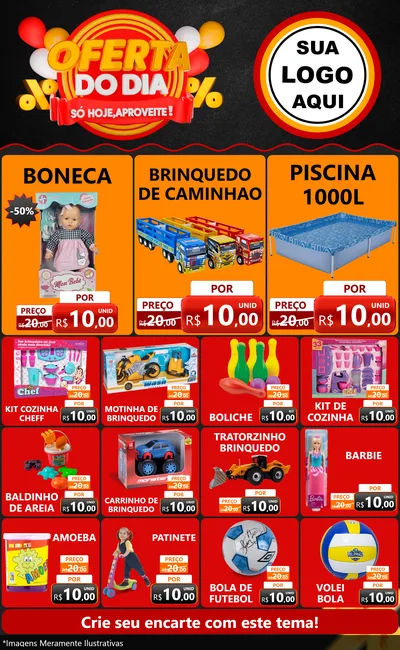 Modelo de Encarte para Encarte Grande com o tema Oferta do Dia - Só hoje, Aproveite! para Brinquedos
