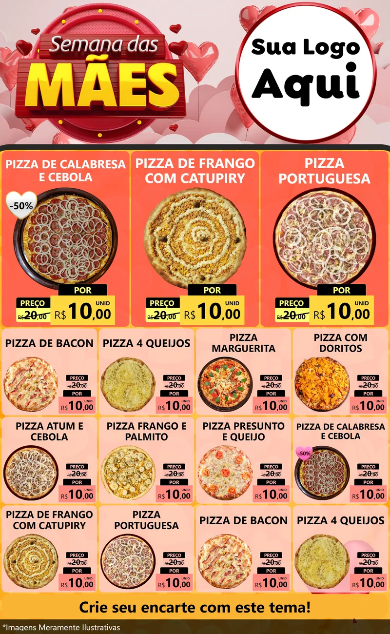 Modelo de Encarte para Encarte Grande com o tema Semana das Mães para Pizzaria