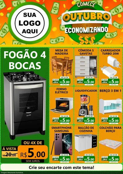 Modelo de Encarte para Encarte A4 Vertical com o tema Comece Outubro Economizando para Móveis e Eletro