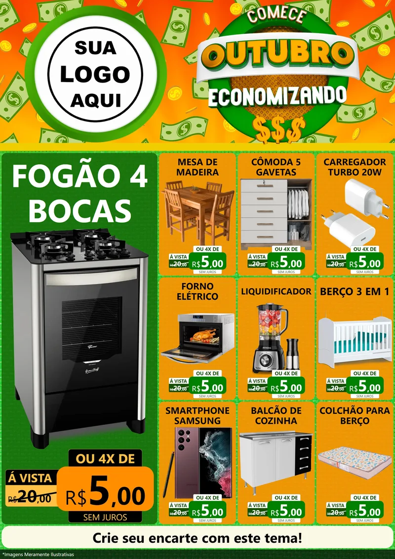Modelo de Encarte para Encarte A4 Vertical com o tema Comece Outubro Economizando para Móveis e Eletro