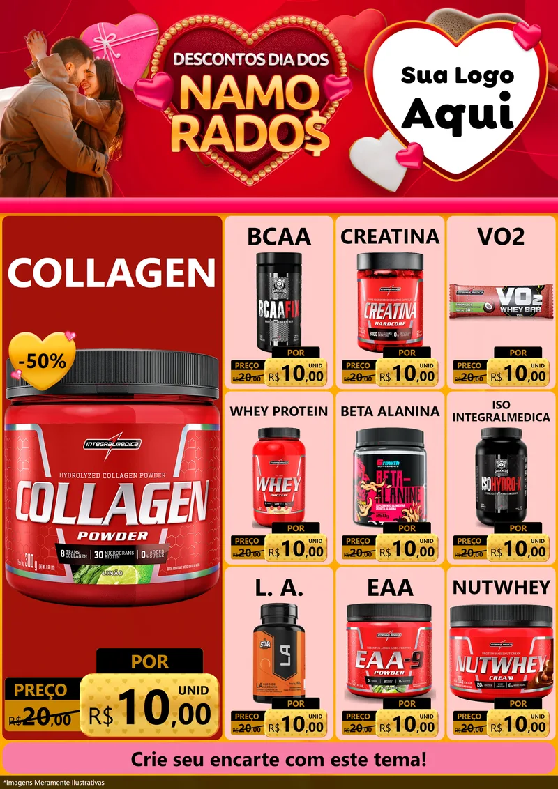 Modelo de Encarte para Encarte A4 Vertical com o tema Descontos Dia dos Namorados para Suplementos alimentares