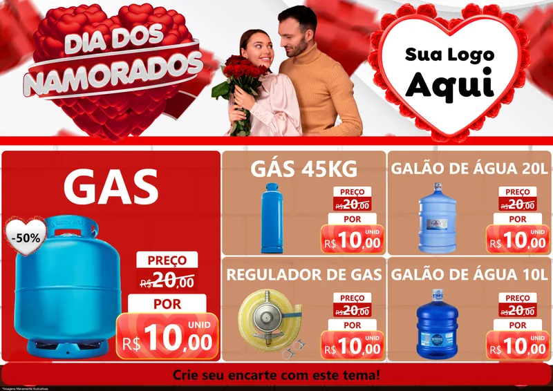 Modelo de Encarte para Encarte A4 Horizontal com o tema Dia dos Namorados para Água e gás
