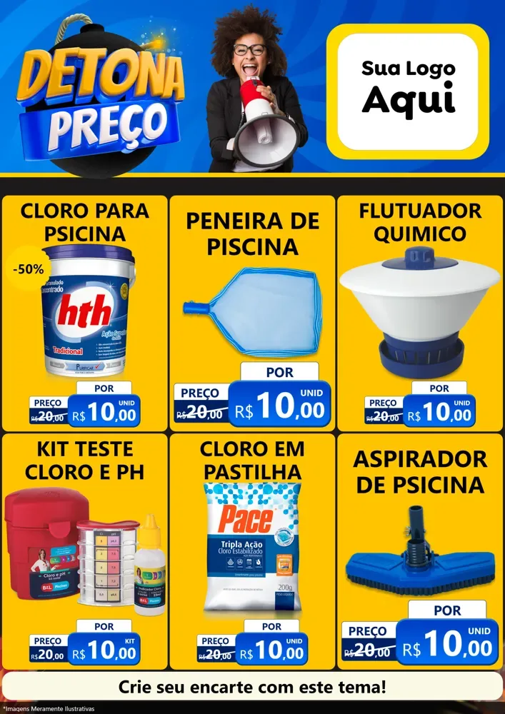 Modelo de Encarte para Encarte A4 Vertical com o tema Detona Preços para Produtos para Piscina