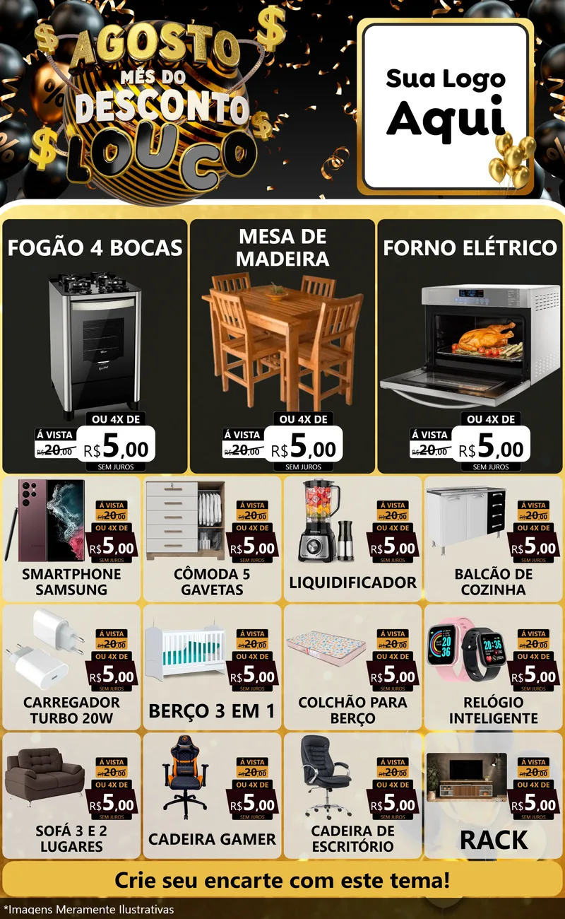 Modelo de Encarte para Encarte Grande com o tema Agosto Mês do Desconto Louco para Móveis e Eletro