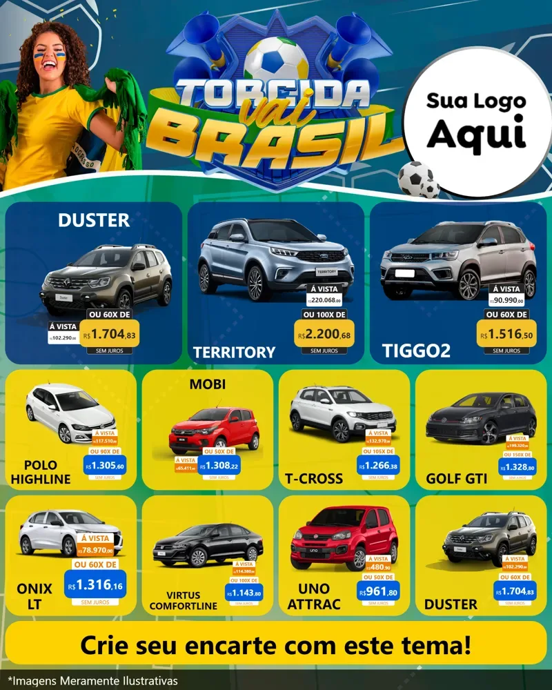 Modelo de Rede Social para Feed Instagram com o tema Torcida Vai Brasil - Copa para Concessionaria de Carros