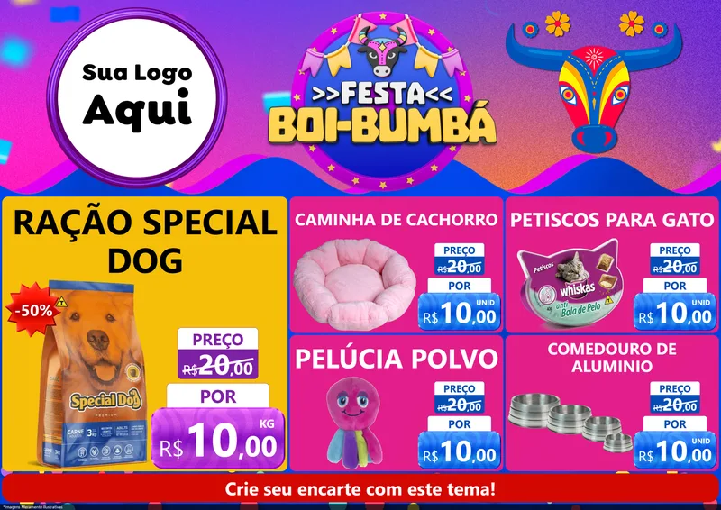 Modelo de Encarte para Encarte A4 Horizontal com o tema Festa Boi-Bumbá para Pet Shop