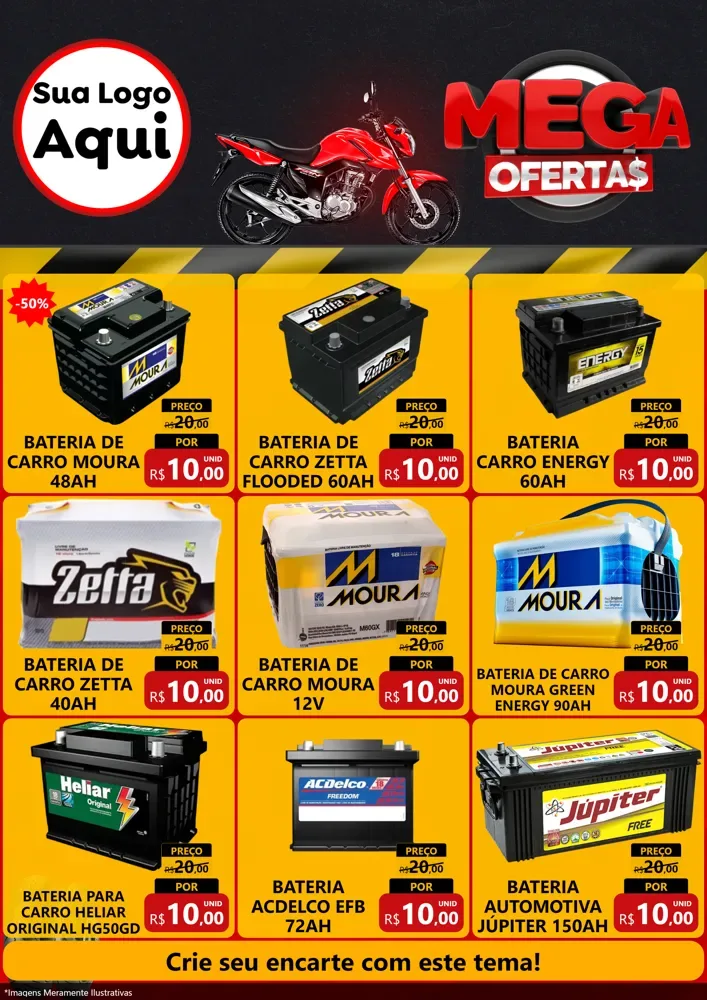 Modelo de Encarte para Encarte A4 Vertical com o tema Mega Ofertas - Motopeças para Baterias Elétricas