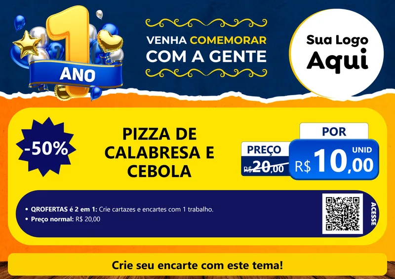Modelo de Cartaz para Cartaz A4 Horizontal com o tema Um Ano de Aniversário para Pizzaria