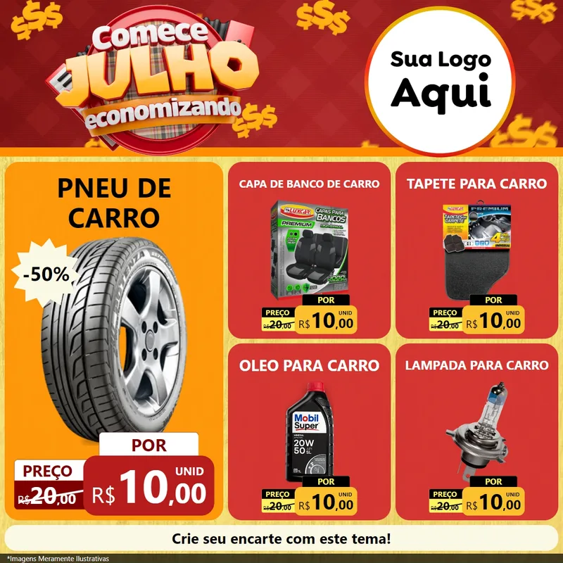 Modelo de Rede Social para Feed Facebook com o tema Comece Julho Economizando para Auto peças