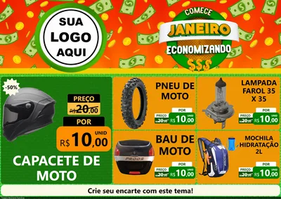 Modelo de Encarte para Encarte A4 Horizontal com o tema Comece Janeiro Economizando para Moto peças