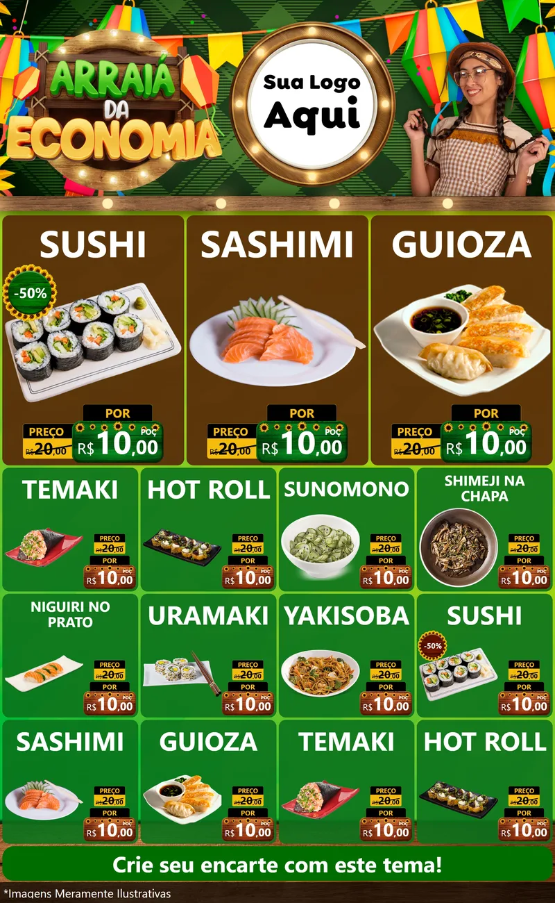 Modelo de Encarte para Encarte Grande com o tema Arraiá de Economia para Comida japonesa