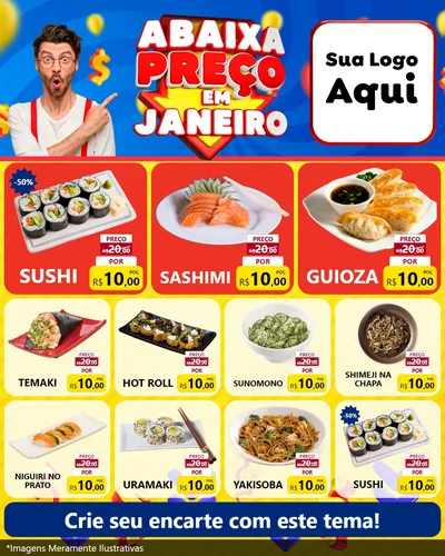 Modelo de Rede Social para Feed Instagram com o tema Abaixa Preço em Janeiro para Comida japonesa