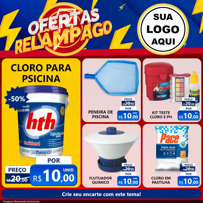 Modelo de Rede Social para Feed Facebook com o tema Ofertas Relâmpago para Produtos para Piscina
