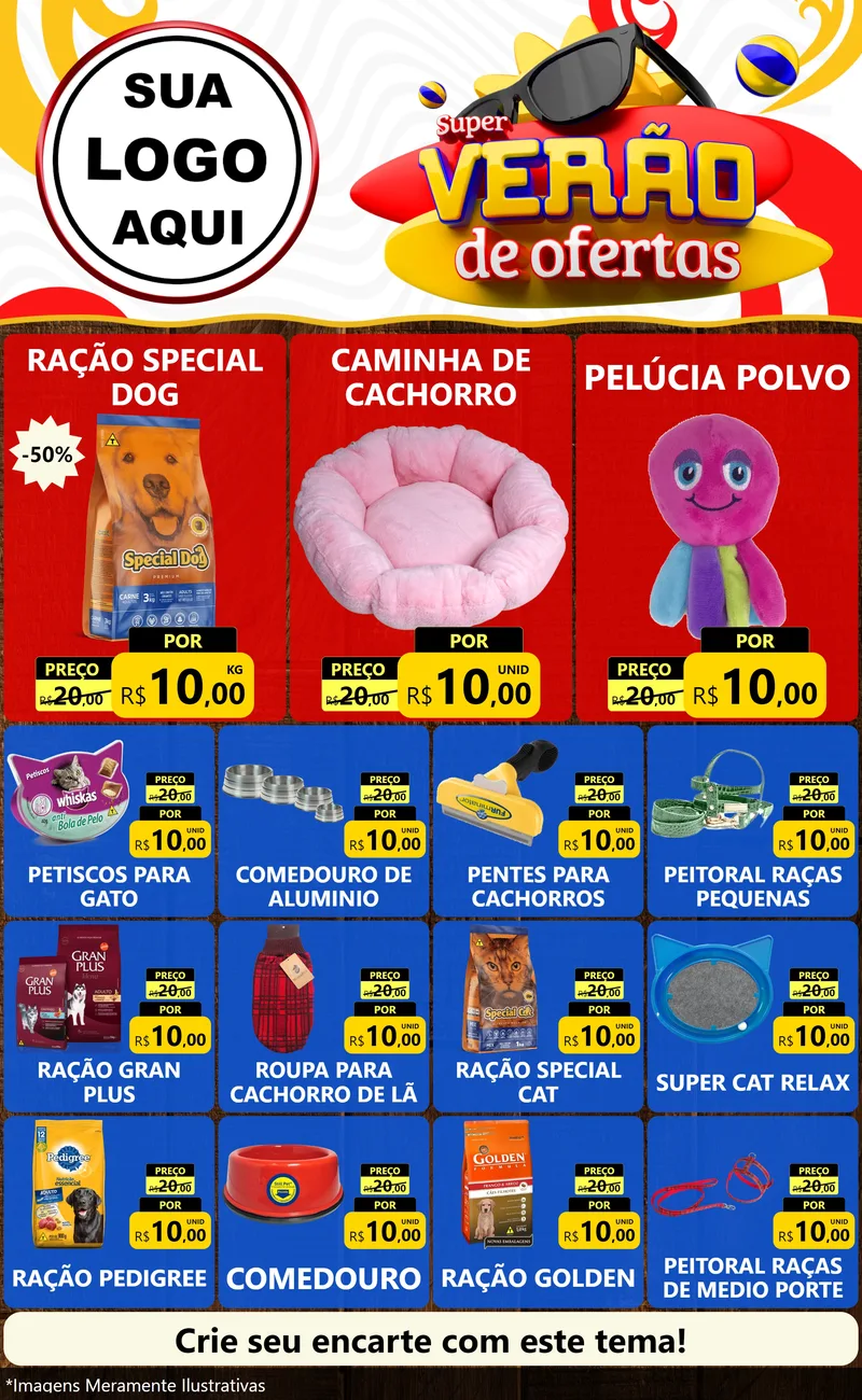 Modelo de Encarte para Encarte Grande com o tema Super Verão de Ofertas para Pet Shop