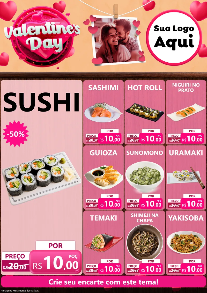 Modelo de Encarte para Encarte A4 Vertical com o tema Valentine's Day para Comida japonesa