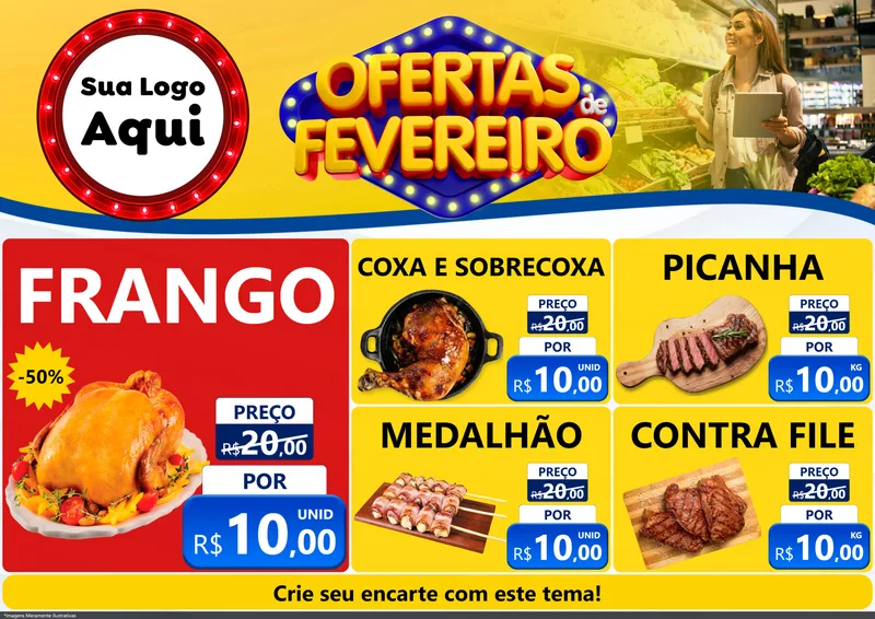 Modelo de Encarte para Encarte A4 Horizontal com o tema Ofertas de Fevereiro para Assados