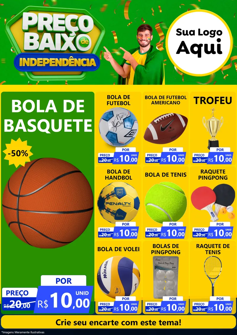 Modelo de Encarte para Encarte A4 Vertical com o tema Preço Baixo de Independência para Artigos Esportivos