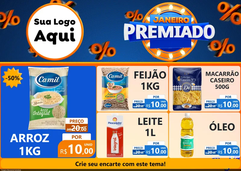 Modelo de Encarte para Encarte A4 Horizontal com o tema Janeiro Premiado para Supermercado