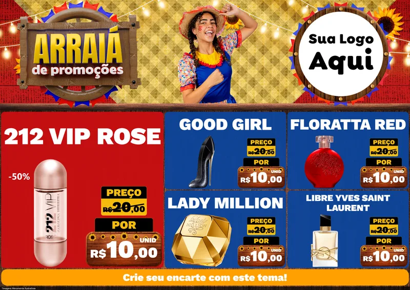 Modelo de Encarte para Encarte A4 Horizontal com o tema Arraiá de Promoções para Perfumes