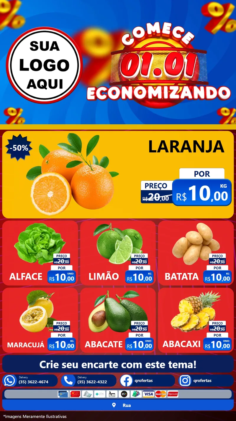 Modelo de Rede Social para Stories com o tema Comece 1º de Janeiro Economizando para Hortifrúti