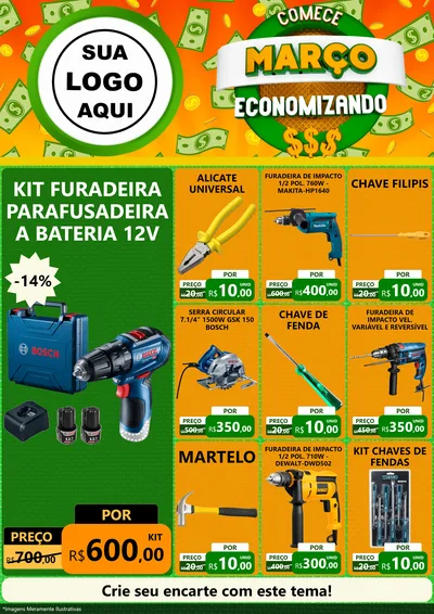 Modelo de Encarte para Encarte A4 Vertical com o tema Comece Março Economizando para Maquinas e Ferramentas