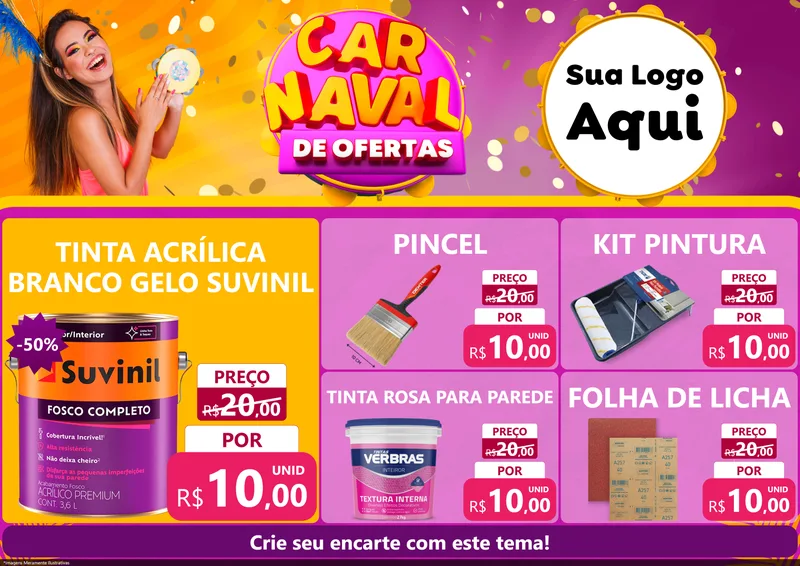 Modelo de Encarte para Encarte A4 Horizontal com o tema Carnaval de Ofertas para Tintas e Ferramentas