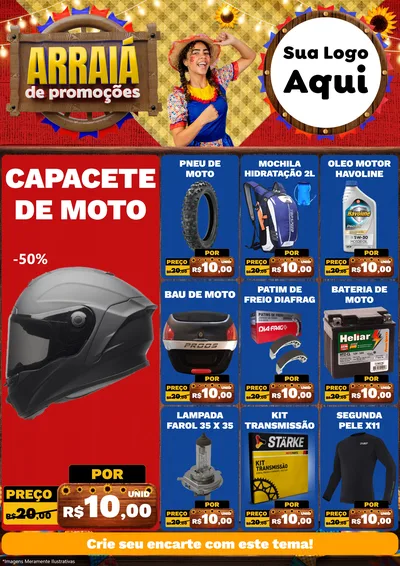 Modelo de Encarte para Encarte A4 Vertical com o tema Arraiá de Promoções para Moto peças