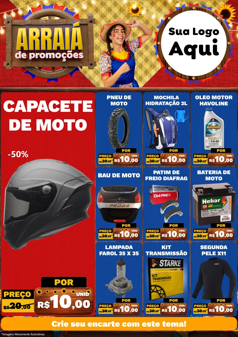 Modelo de Encarte para Encarte A4 Vertical com o tema Arraiá de Promoções para Moto peças