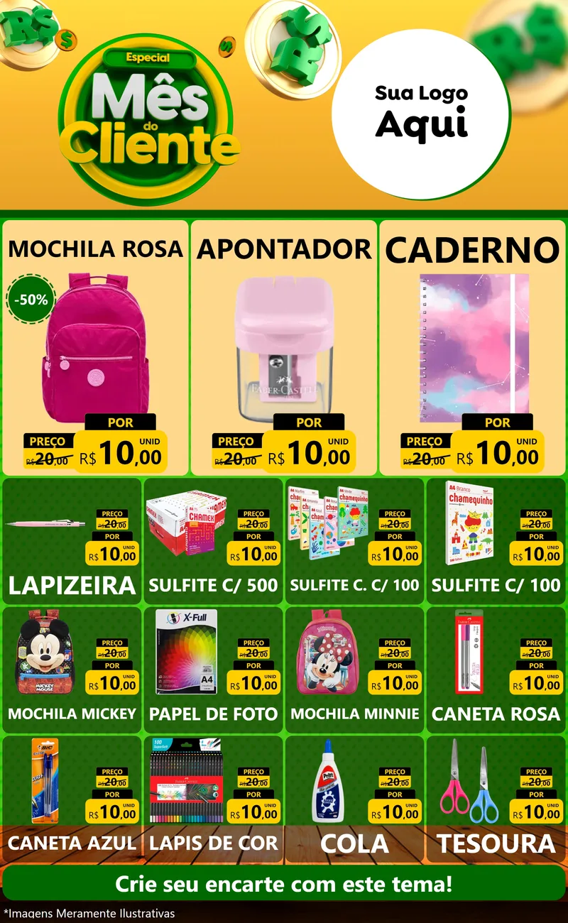 Modelo de Encarte para Encarte Grande com o tema Especial Mês do Cliente para Papelaria