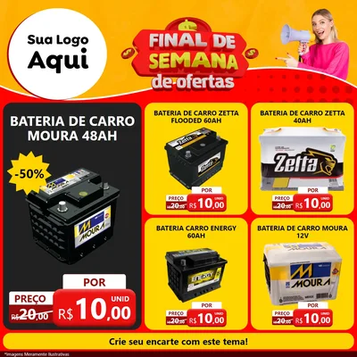 Modelo de Rede Social para Feed Facebook com o tema Final de Semana de Ofertas para Baterias Elétricas
