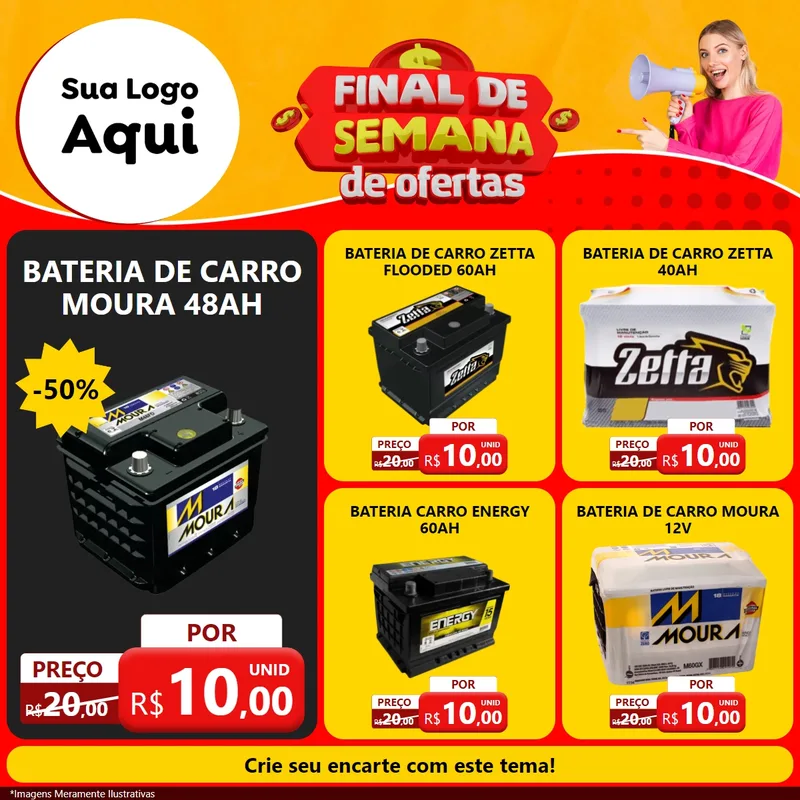 Modelo de Rede Social para Feed Facebook com o tema Final de Semana de Ofertas para Baterias Elétricas