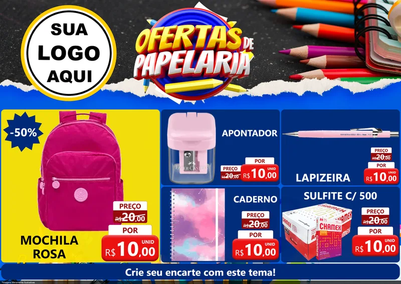 Modelo de Encarte para Encarte A4 Horizontal com o tema Ofertas de Papelaria para Papelaria