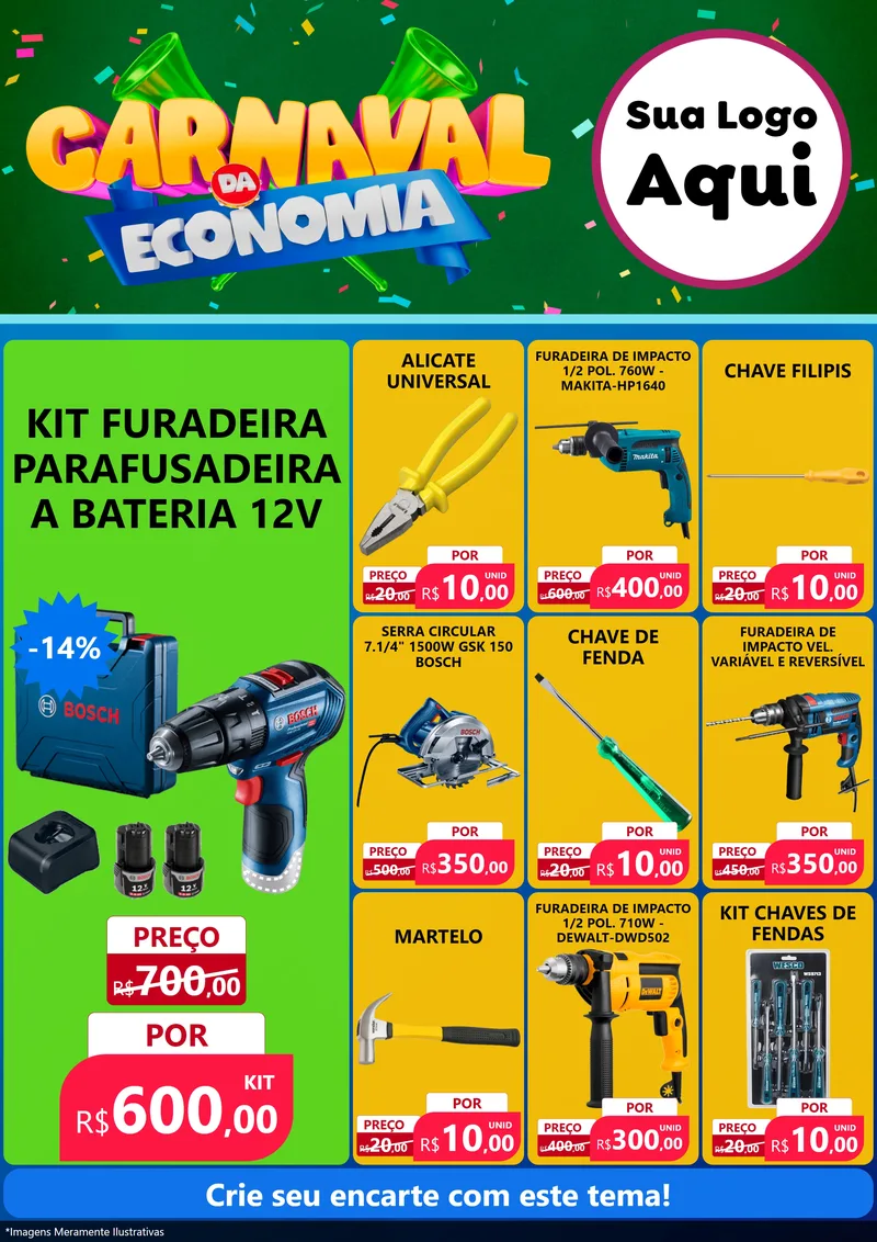 Modelo de Encarte para Encarte A4 Vertical com o tema Carnaval da Economia para Maquinas e Ferramentas