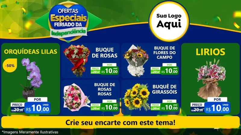 Modelo de TV para TV Horizontal com o tema Ofertas Especiais Feriado da Independência para Floricultura e jardim