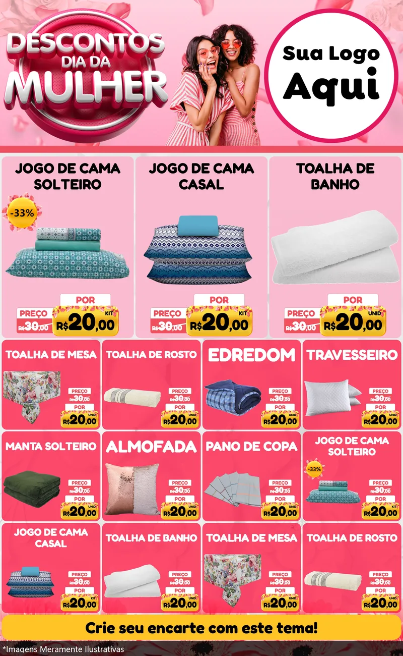 Modelo de Encarte para Encarte Grande com o tema Descontos Dia da Mulher para Cama, Mesa e Banho