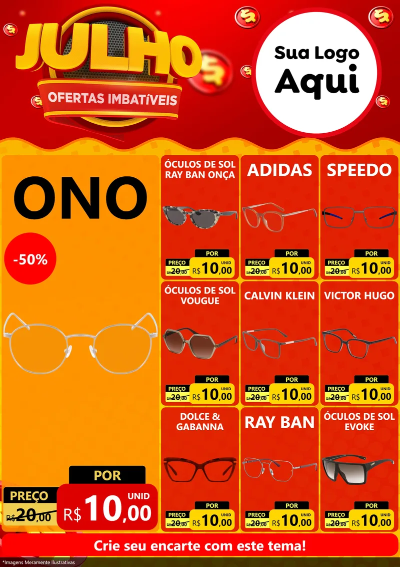 Modelo de Encarte para Encarte A4 Vertical com o tema Julho Ofertas Imbatíveis para Óticas