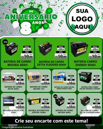 Modelo de Rede Social para Feed Instagram com o tema Promoção de Aniversário - 8 Anos para Baterias Elétricas
