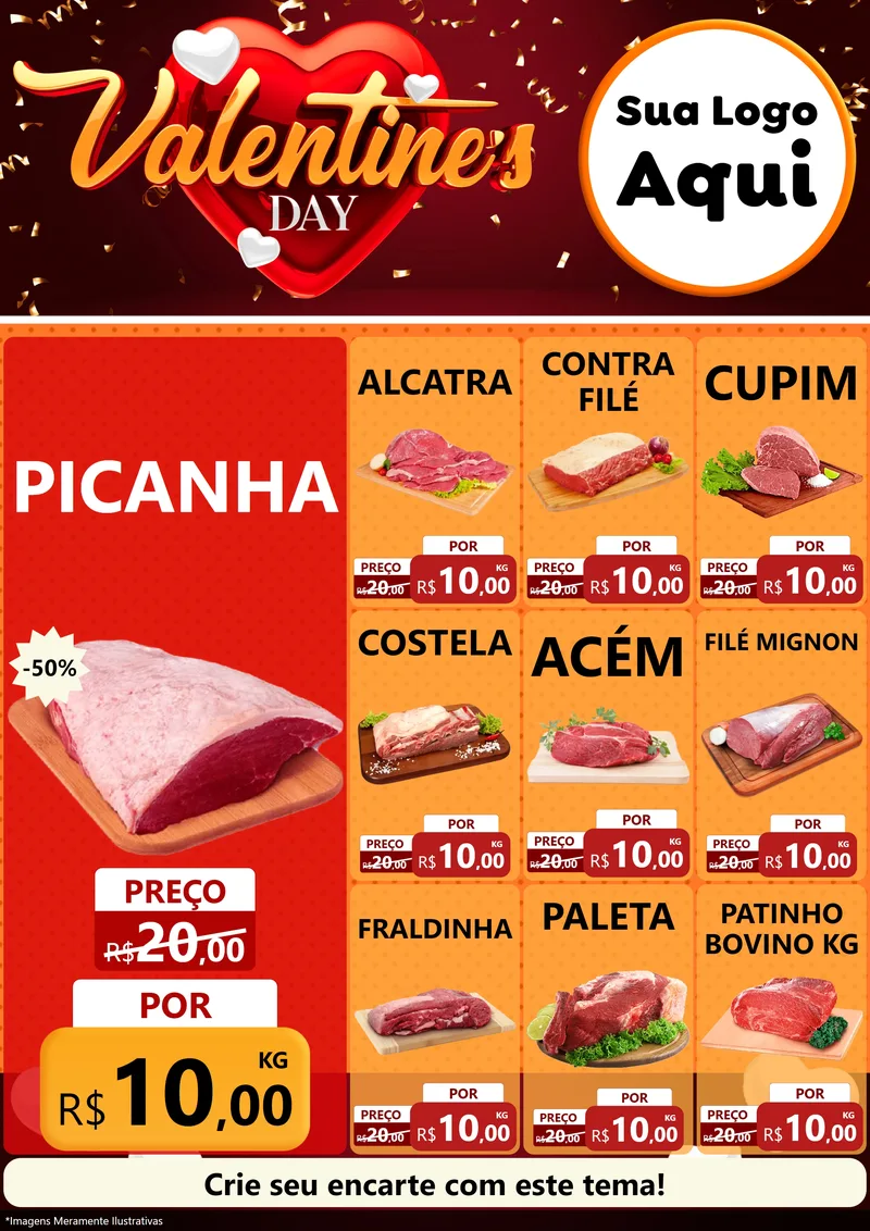 Modelo de Encarte para Encarte A4 Vertical com o tema Valentine's Day para Açougue